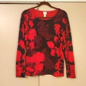 Chico's Red and Black Floral Pullover Sweater